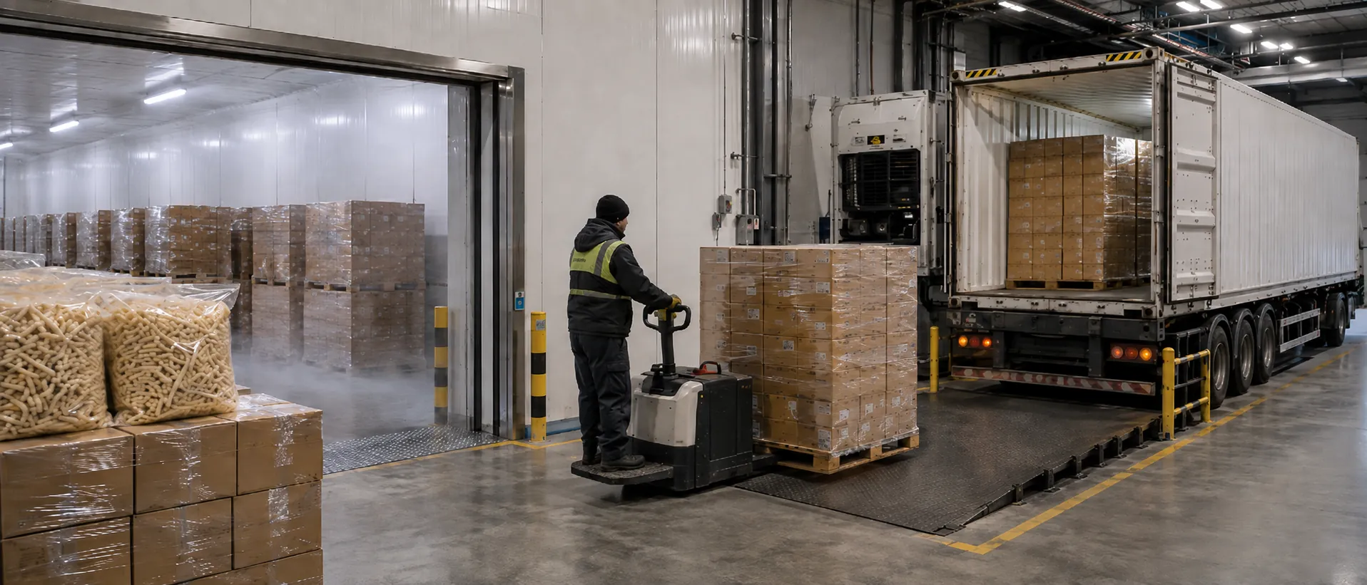 Junsheng frozen French fries in cold storage before reefer container loading