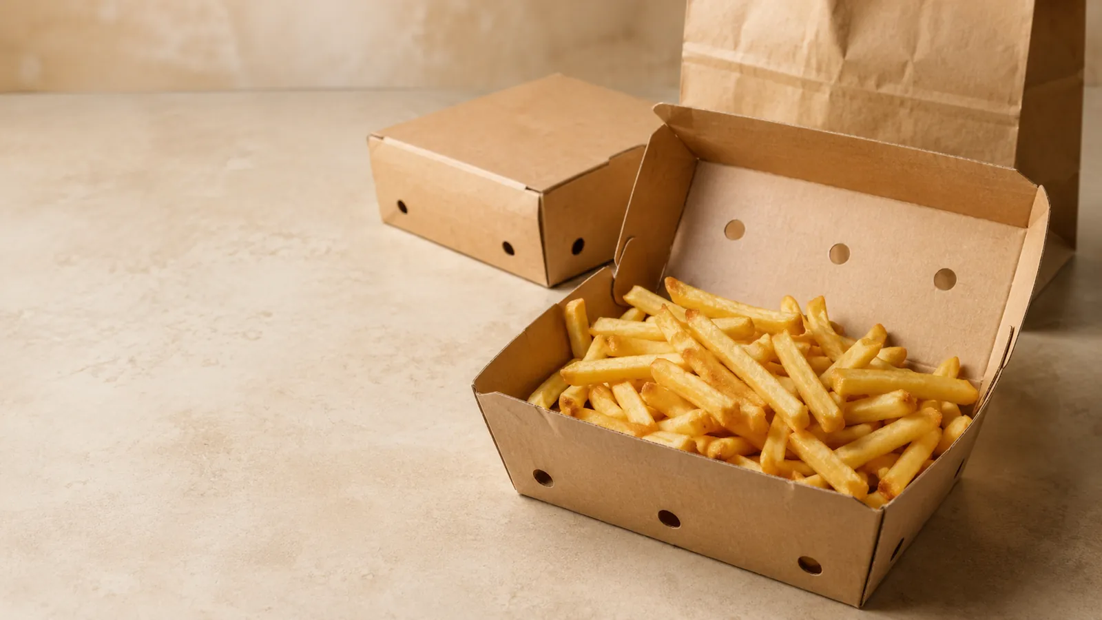 Junsheng frozen French fries in a delivery takeaway pack during holding test