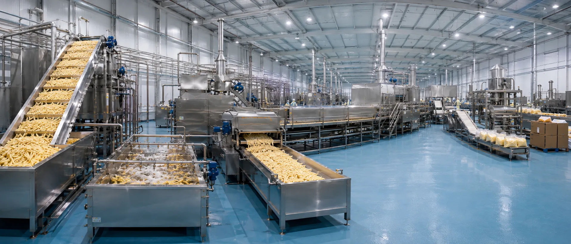 Junsheng frozen French fries production line running in a modern factory