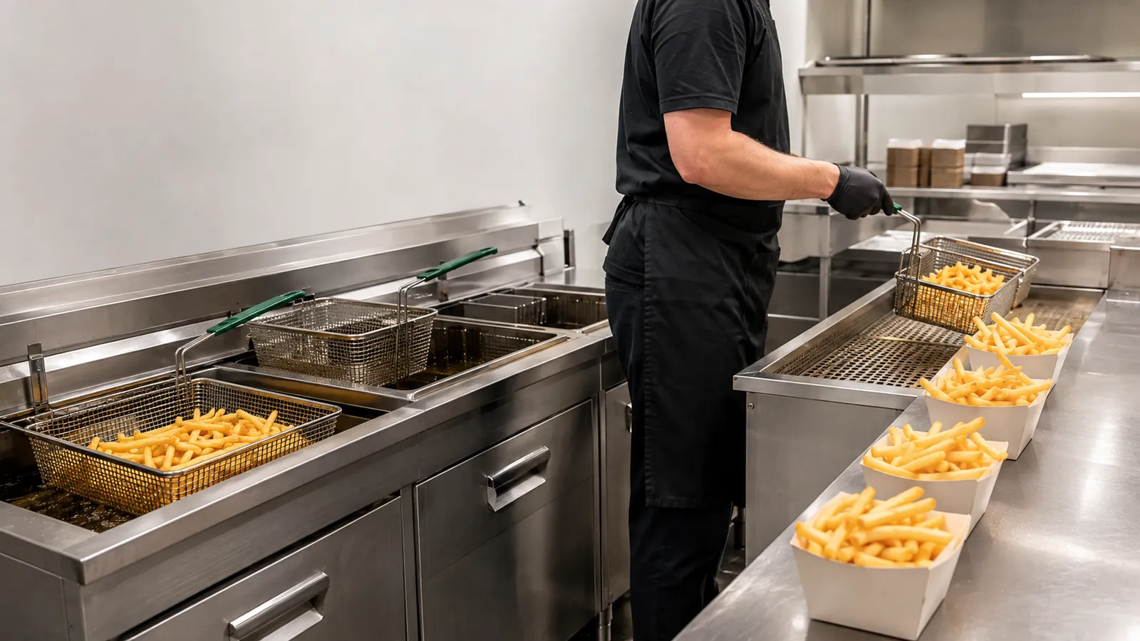 Junsheng frozen French fries frying quickly in a QSR fryer basket