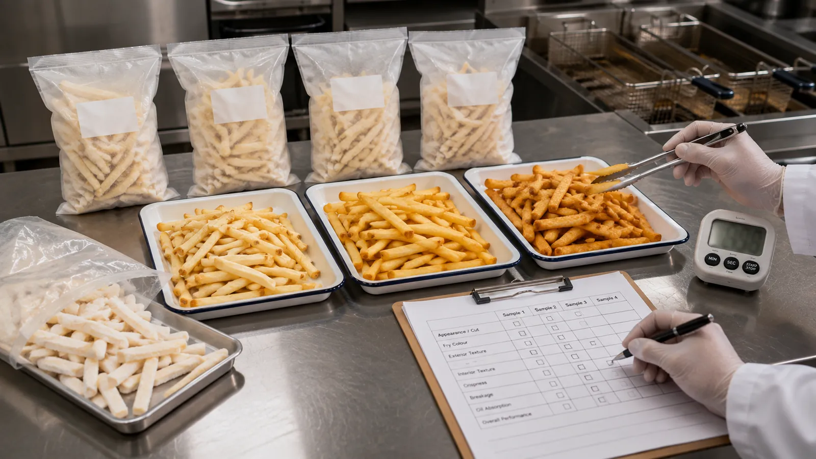 Junsheng frozen French fries sample evaluation under controlled frying conditions